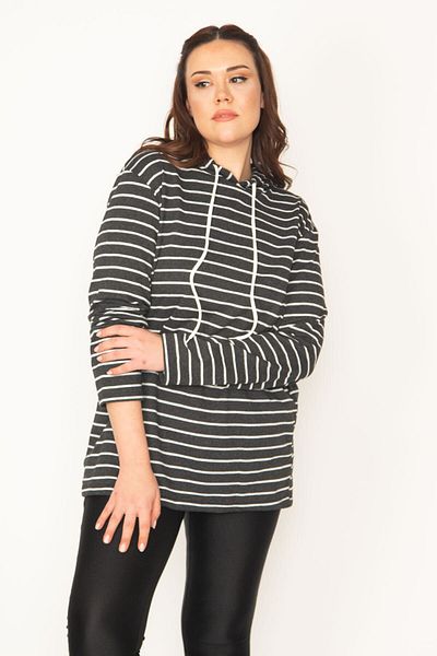 Şans Women's Large Size Black Raised Fabric Hooded Sweatshirt 65n32459