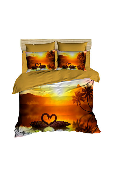 Fabeteks Love Swans Sunset 3D Digital Double Duvet Cover Set