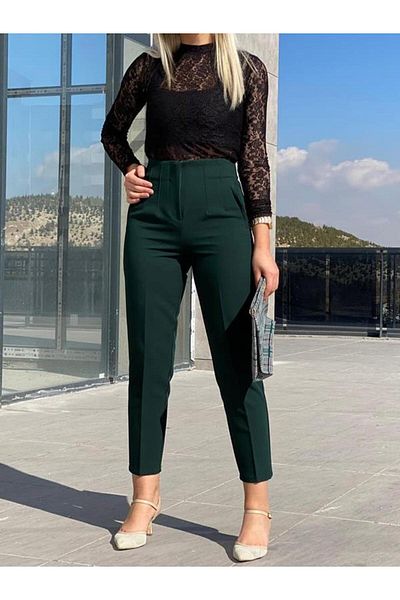dk denemekabini Women's High Waist Pencil Carrot Fabric Trousers - Dark Green