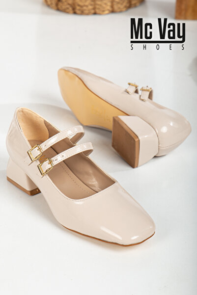 LİVAMOD حذاء ماري جين بيج من الجلد اللامع مغلق من الخلف بشريط مزدوج ومقدمة مر...