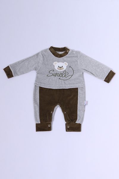 HÇM Velvet Jumpsuit for Baby Boy - Teddy Bear Printed with Snaps D10