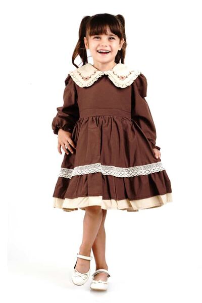 Minigimin Cicileri Miniğimin Cicileri Yaka Nakışlı Fistolu Kız Çocuk elbise - Kahverengi