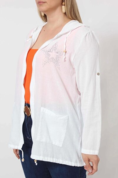 Moda Berray B1016B BEYAZ YILDIZ BASKILI KAPÜŞONLU FERMUARLI CEKET