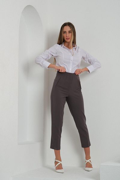 dk denemekabini Women's High Waist Cuffed Carrot Fabric Trousers - Gray