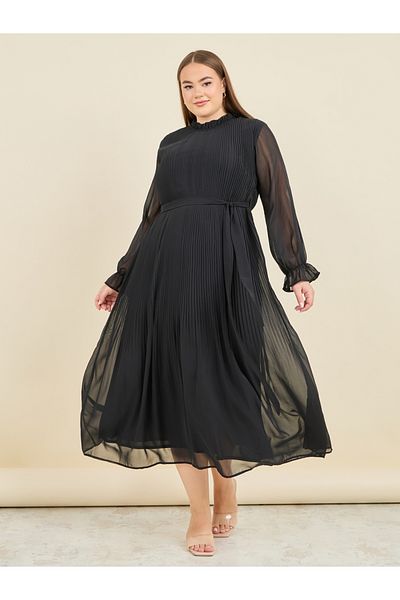 Styli Plus Accordion Pleat A-Line Midi Dress with Self Tie Up