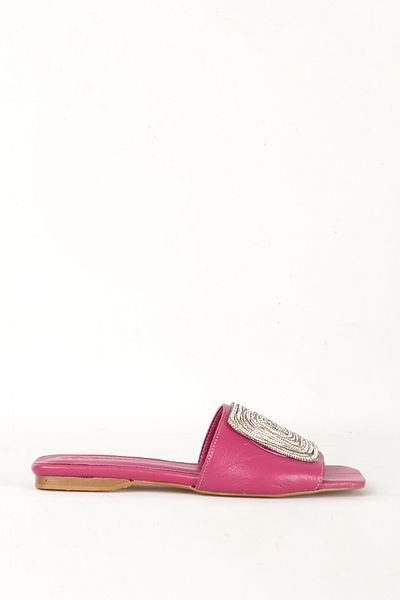 Dericlub Fuchsia Stumpy Toe and Stone Detailed Stylish Women's Slippers - Zy 7667 Genuine Leather