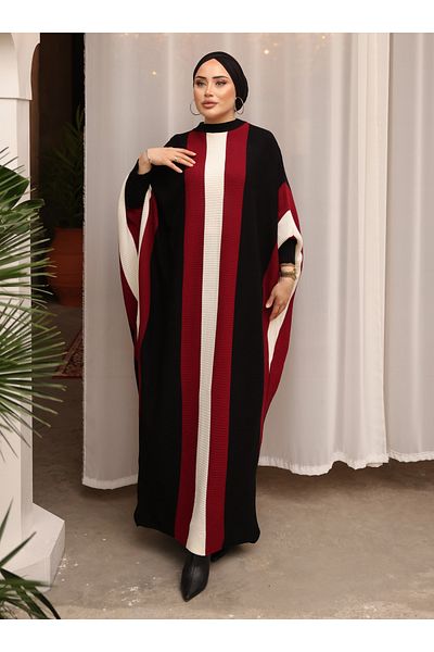 SAHRA BUTİK Bat Sleeve Knitwear Tesetural Dress - Black-Burgundy - Sahra Butik