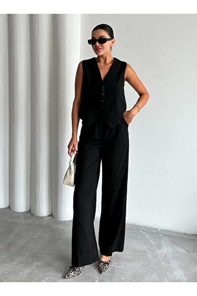 Laluvia Black Miranda Fabric Vest Trousers Set