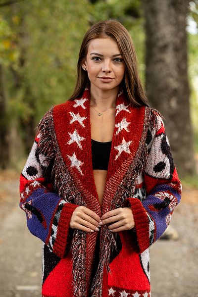 VerdeBlanco Red Shawl Collar Collage Patterned Thick Tassel Cardigan