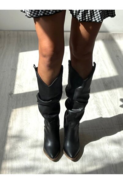 SHOEBOURNE Siyah Deri Kalın Topuklu Körüklü Çizme