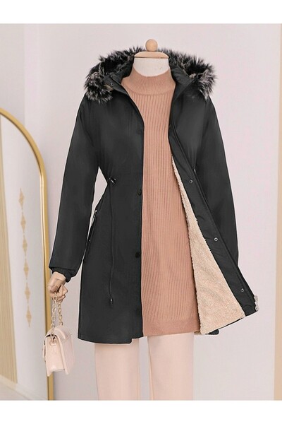 Modamorfo Short Coat with Hooded Sleeves and Elastic Pockets - Black