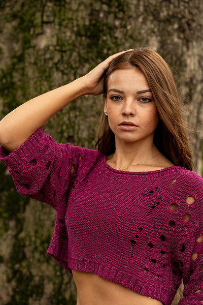 Yırtık Detaylı Örme Crop Top Mürdüm