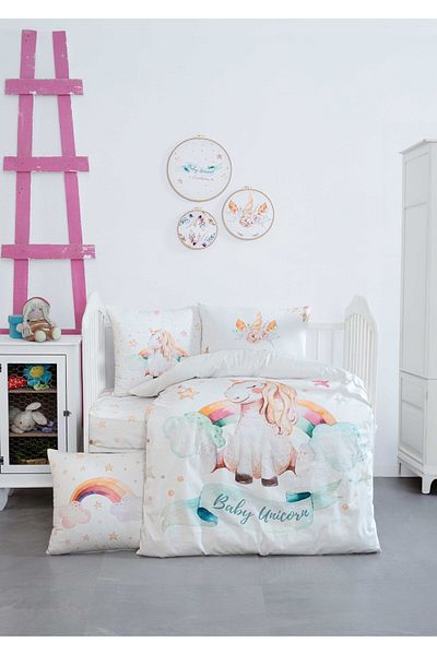 Montisu Mibabies; Baby Unicorn, 100% Cotton Baby Room Set: Duvet Cover Set, Throw Pillow, 3-Piece Painting