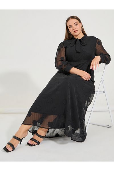 Styli Plus Size Embroidery Detail Maxi Dress with Tie Up Neck