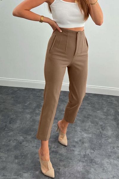 dk denemekabini Women's High Waist Collared Trousers - Carrot Fabric, Mink