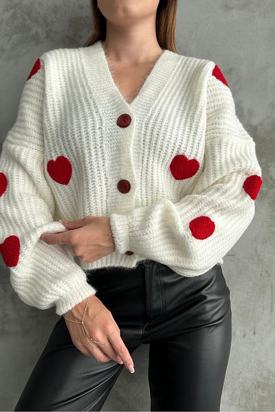 macharel jeans Heart Patterned Buttoned Thick Knitwear Cardigan