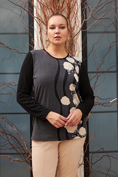 Imagine Giyim Plus Size Smoked Blouse with Bezexl Pattern