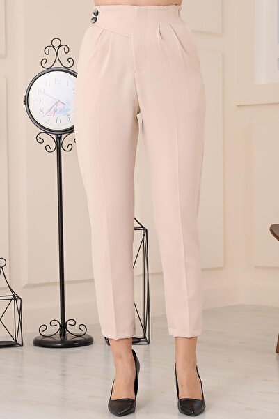 dk denemekabini Women's Back Elastic Waist Belt Detailed High Waist Pocket Carrot Fabric Trousers - Stone