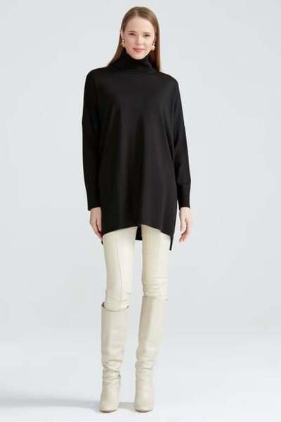 Tığ Triko Balıkçı Yaka Oversize Basic Tunik - Siyah
