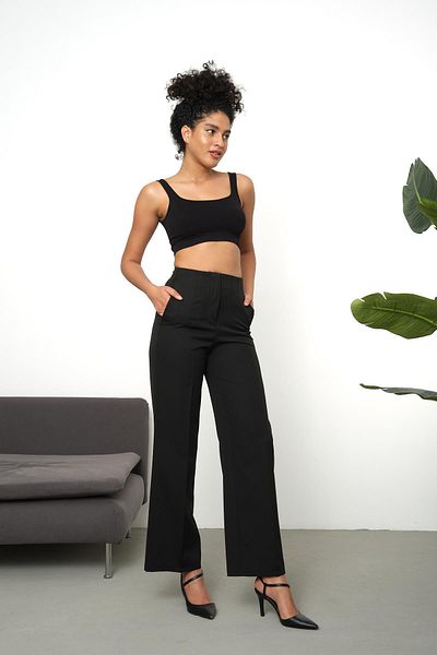 dk denemekabini Women's High Waist Pencil Loose Wide Leg Pocket Fabric Trousers - Black