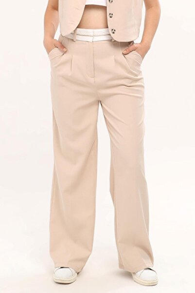 Deneme Kabinim Γυναικείο Πανταλόν Παλάζο με Αντεστραμμένη Ζώνη - Μπεζ