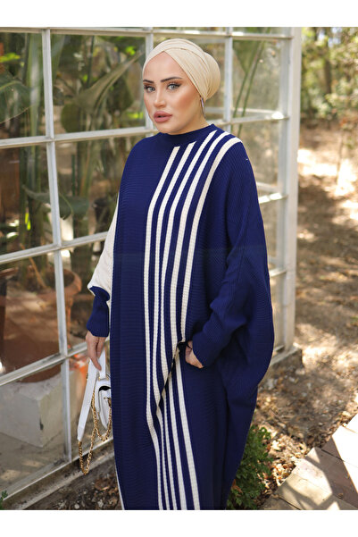 SAHRA BUTİK ΠΛΕΥΡΙΚΟ ΡΙΓΕ ΠΛΕΚΤΗ ΦΟΡΕΜΑ - Navy Blue - SAHRA BUTİK