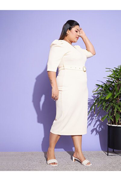 Sassafras By Styli Plus V Neck Belted Bodycon Midi Dress