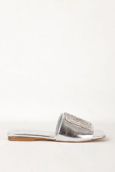 Dericlub Stylish Blunt Toe Women's Slippers with Stone Detail - Real Leather Zy 7667 Lame