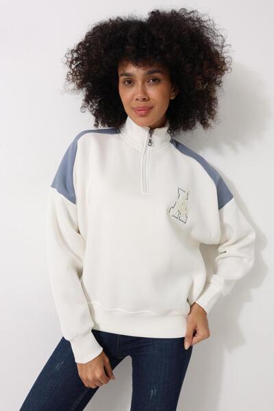 AMİDA Hanorac supradimensionat pentru femei, albastru, cu jumătate de gât țesut, cu fermoar, cu detaliu de broderie - 2451