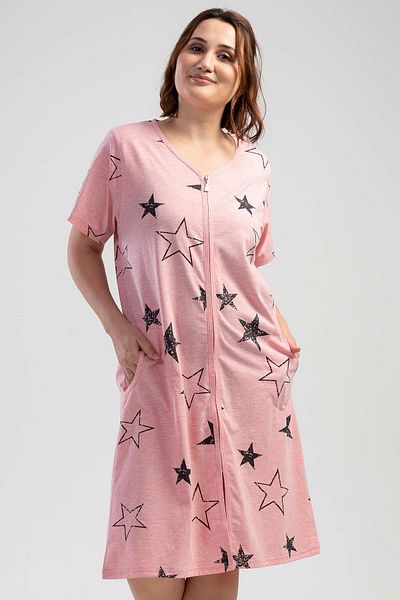 VİENETTA Plus Size Zipped Rosebloom Home Dress - Short Sleeve C2T1N0O011