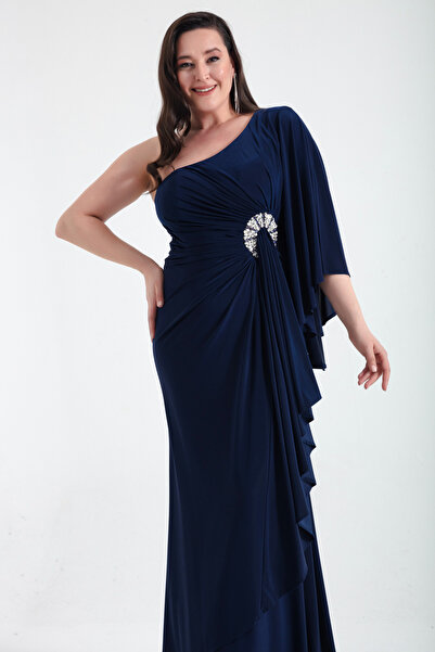 Lafaba Dámské tmavě modré dlouhé večerní šaty na jedno rameno