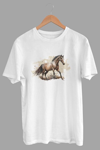 DK DAKSEL تي شيرت رجالي أبيض اللون مطبوع عليه حصان أساسي Dks4232