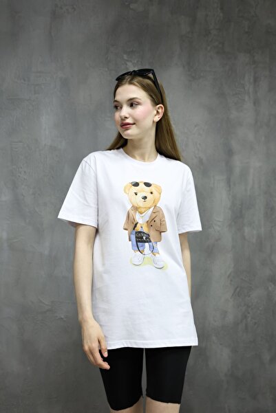 DK DAKSEL Kadın Teddy Bear Baskı Oversize Basic Beyaz Tişört