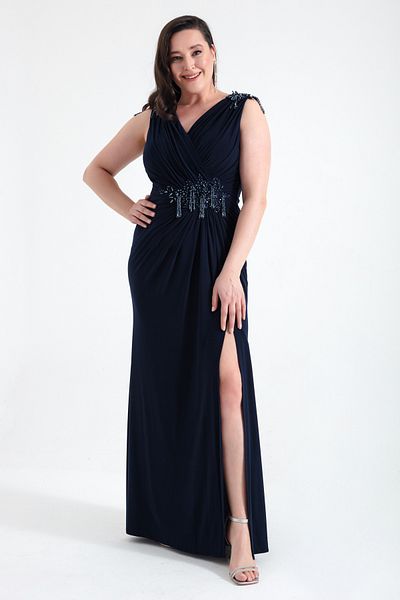 Lafaba Women's Navy Blue V-Neck Shoulders Stone Detailed Large Size Long Evening Dress