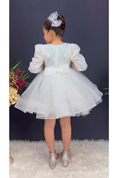 Mnk Baby&Kids Tütü Gren Etekli Kız Çocuk Pul Payetli Uzun Kol Kikidi Elbise MNK0583 BEYAZ