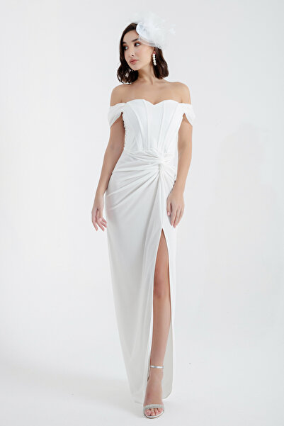 Lafaba Dámský bílý dvouřadý podšitý korzet s dlouhými třpytivými večerními šaty