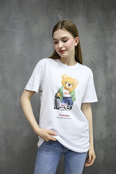 DK DAKSEL Beyaz Renk Oversize Teddy Bear Baskılı Kadın Tişört