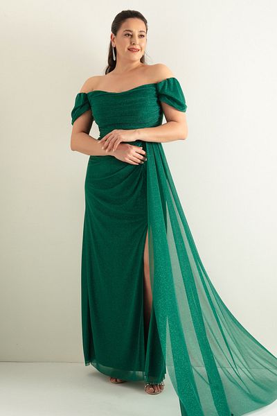 Lafaba Women's Emerald Green Boat Neck Draped Slit Long Silvery Evening Dress