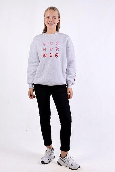 Rays 9175m - Crew Neck and Heart Embroidery Grey Sweat