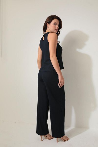 AMİDA Navy Blue Wrap Fabric Sleeveless Blouse Loose Bottom Top Set - 2423