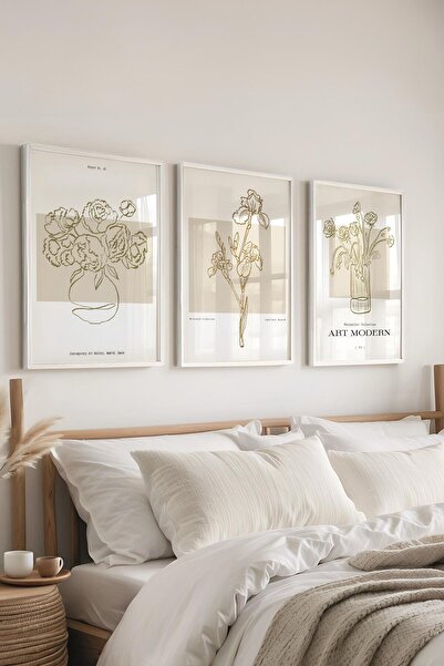 Postifull Çerçeveli Tablo Seti, 3 Adet Beyaz Çerçeve ve Minimalist Çizim Tema...
