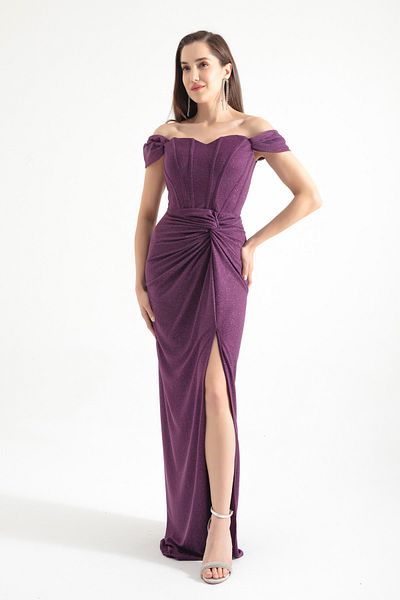 Lafaba Pflaumenfarbenes, zweireihiges, gefüttertes, langes Abendkleid mit Korsettdetails und Glitzer für Damen