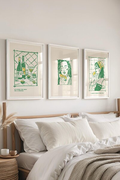 Postifull Çerçeveli Tablo Seti, 3 Adet Beyaz Çerçeve ve Minimalist Yemek Tema...