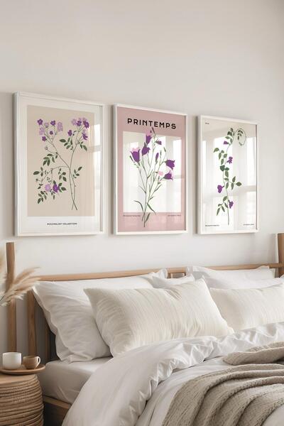 Postifull Çerçeveli Tablo Seti, 3 Adet Beyaz Çerçeve ve Minimalist Botanik Temalı Poster Seti, No:300475