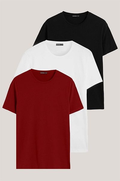 DK DAKSEL Μαύρο Λευκό Κόκκινο Χρώμα Relaxed Fit Βαμβακερό ανδρικό μπλουζάκι 3 πακέτο
