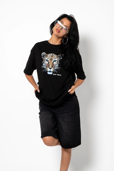 Tarzsokak Stay Wild Leopard Silhouette Printed Oversize Unisex Negru