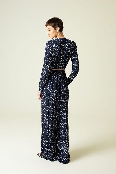 rue Navy Blue Palazzo Trousers - Patterned with Elastic Waist