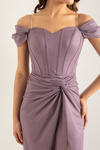 Lafaba Γυναικείο βραδινό φόρεμα με διπλό στήθος Λεβάντα με μακριά γκλίτερ γραμμή με λεπτομέρεια κορσέ