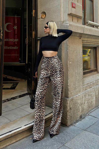 Swist Gelbe Pix-Leopardenmuster-Taschen-Plissee-Palazzo-Hose für Damen mit hoher Taille