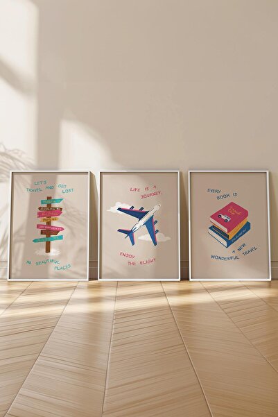 Postifull Çerçeveli Tablo Seti, 3 Adet Beyaz Çerçeve ve Minimalist Çizim Temalı Poster Seti, No:300534